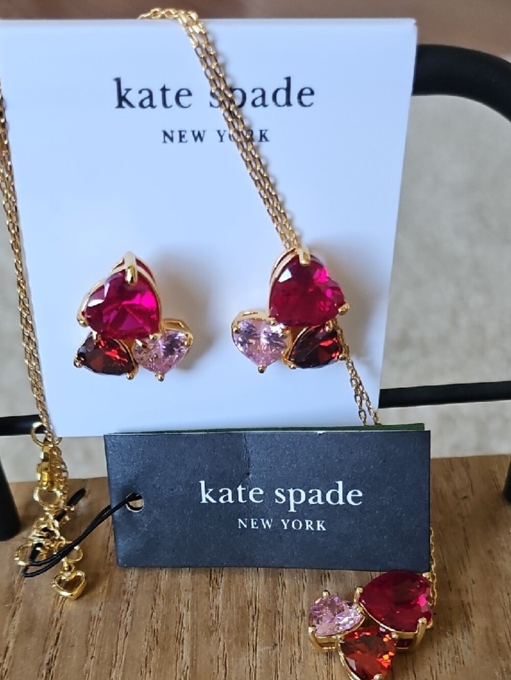 Kate Spade Pink & Red Crystal Heart Necklace and Earring Set - Picture 2 of 6